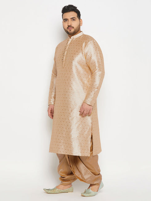 Vastramay Men's Plus Size Gold Zari Weaved Kurta Dhoti Set